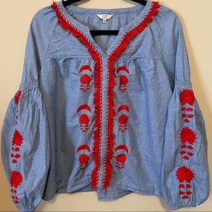 Crown & Ivy Denim Blouse w/Red Thread Accents
